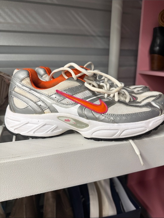 Nike Shoes - Nike Silver Mesh Running Sneakers with Orange and Pink Swoosh